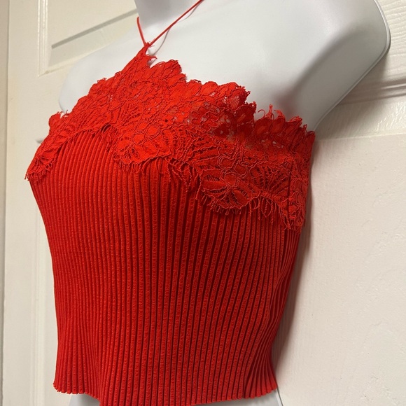 Zara Red Intense Lace Ribbed Cropped Top - Picture 5 of 10